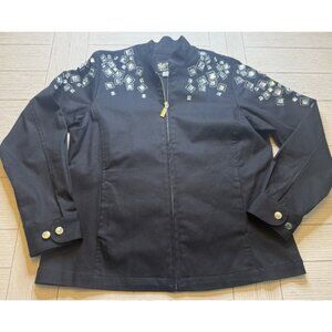 Bob Mackie Black Jacket Stretch Mandarin Collar Zip Crystal Embellished Silver S
